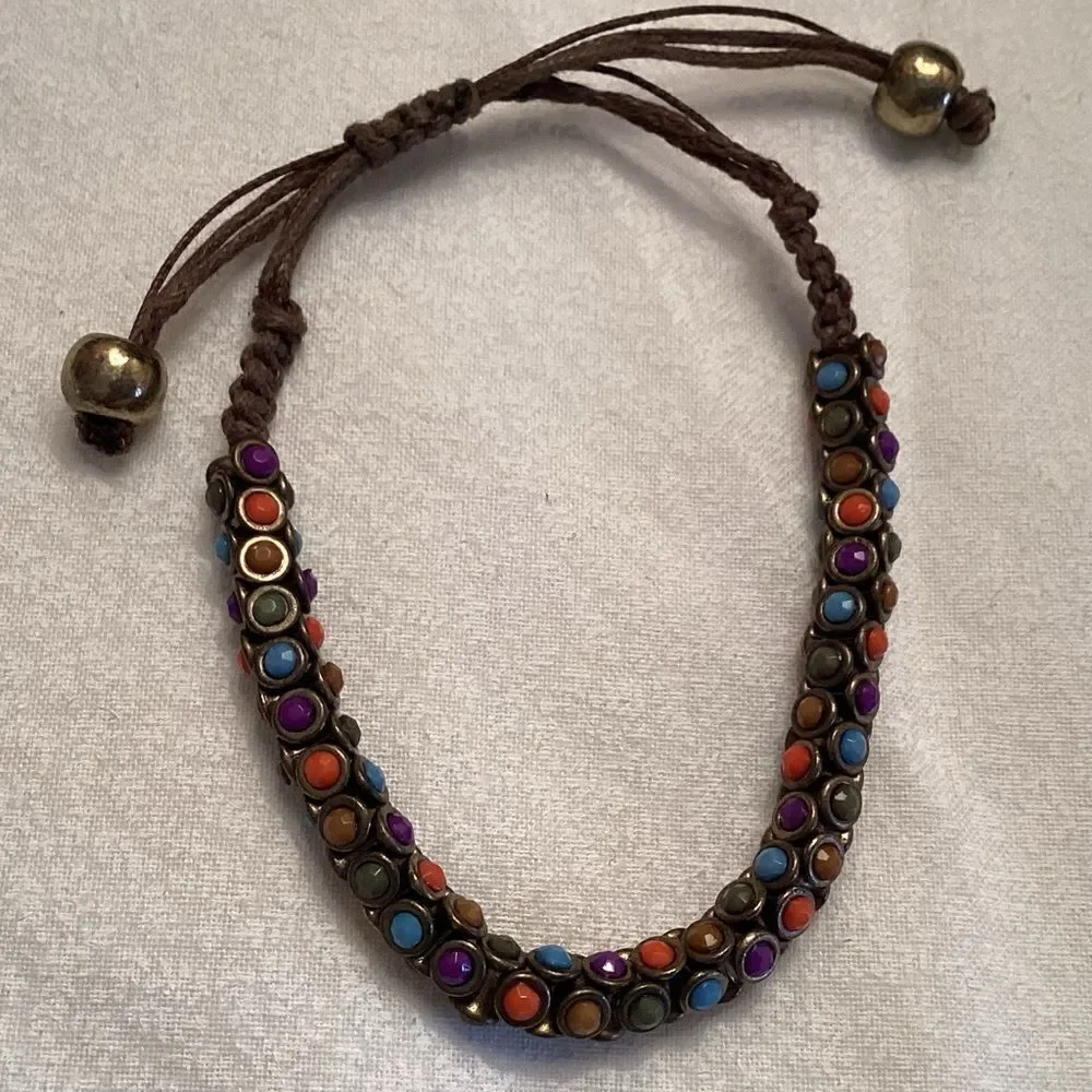 Adjustable Brown Braided Cord Beaded Bracelet